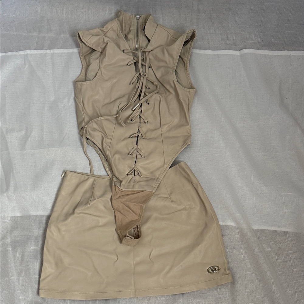 Beige Lace-Up Faux Leather Top and Skirt Set